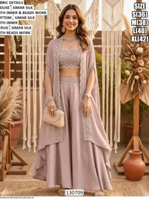 shimmar silk beads work party wear suit peach - Women's Trendy 3 Piece party wear