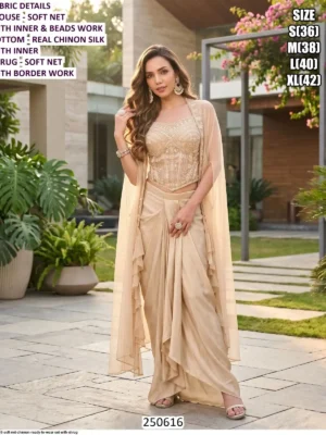 soft net chinnon ready to wear set with shrug - Beige Soft Net Indo-Western Ready to Wear 3-Piece Co-ord Set with Dhoti Skirt & Shrug