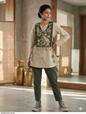 beautiful cotton cord set 1-Sage Bloom Embroidered 3-Piece Co-Ord Set with Detachable Vest