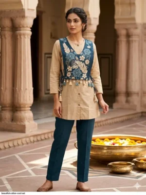 beautiful cotton cord set 2- Sage Bloom Embroidered 3-Piece Co-Ord Set with Detachable Vest