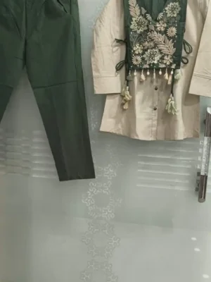 beautiful cotton cord set-Sage Bloom Embroidered 3-Piece Co-Ord Set with Detachable Vest